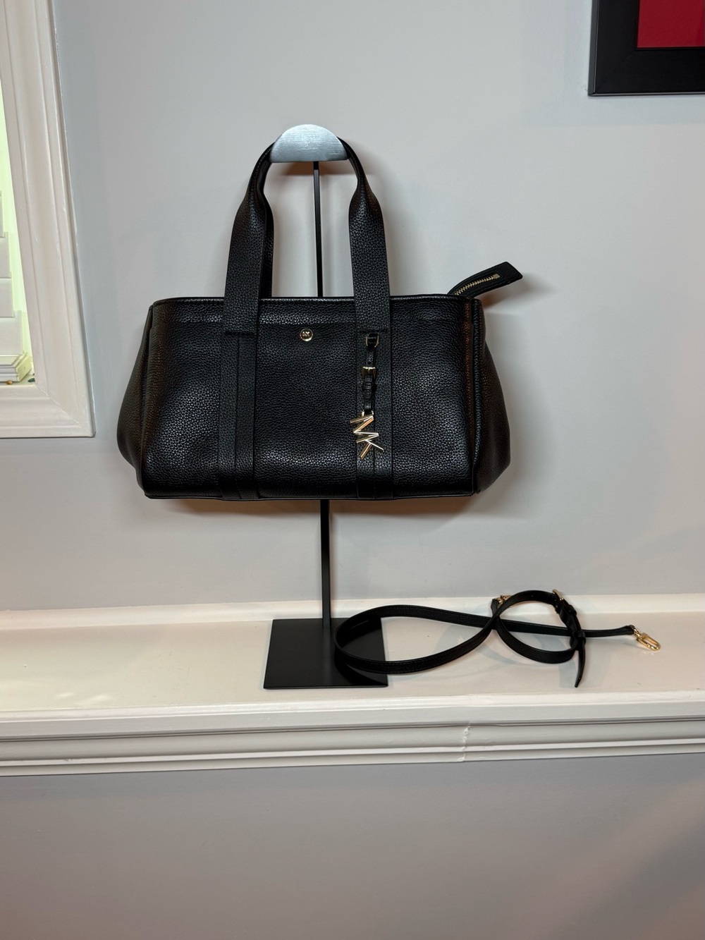 Michael Kors Black Romee Pebbled Leather Tote with Gold MK Charm